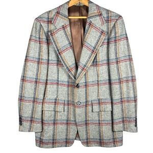 John Pomer Blazer Mens 42 Grey Plaid 100% Pure Wool 2 Button Sport Coat Vintage